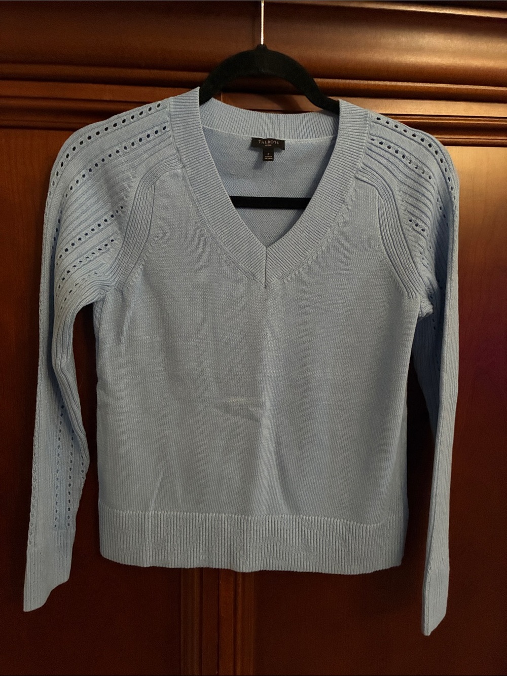 Talbots Powder Blue V-Neck Eyelet Sleeve Sweater